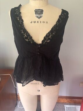 Fleur du Mal Black Lace Trim Silk Peplum Tank ( Anthropologie)